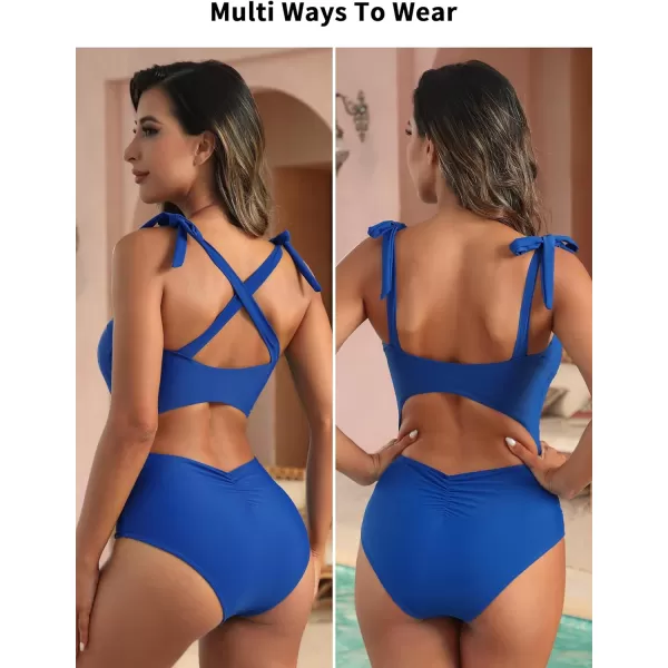 SuperPrity Womens One Piece Swimsuits Button Tie Shoulder Square Neck Cutout Tummy Control Bathing SuitAvailable in PlusBlue