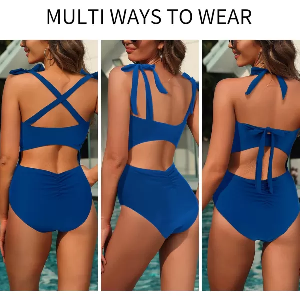 SuperPrity Womens One Piece Swimsuits Button Tie Shoulder Square Neck Cutout Tummy Control Bathing SuitAvailable in PlusBlue