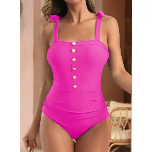 SuperPrity Womens One Piece Swimsuits Button Tie Shoulder Square Neck Cutout Tummy Control Bathing SuitAvailable in PlusRose Red