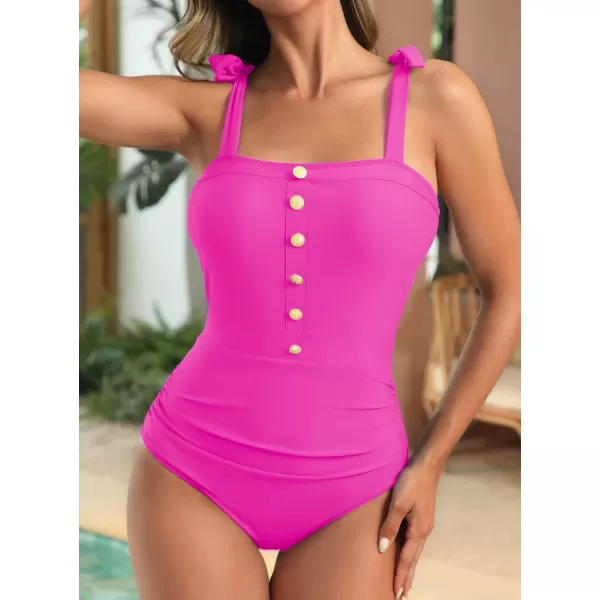 SuperPrity Womens One Piece Swimsuits Button Tie Shoulder Square Neck Cutout Tummy Control Bathing SuitAvailable in PlusRose Red