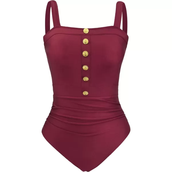 SuperPrity Womens One Piece Swimsuits Button Tie Shoulder Square Neck Cutout Tummy Control Bathing SuitAvailable in PlusShinny Wine Red