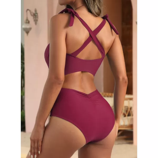 SuperPrity Womens One Piece Swimsuits Button Tie Shoulder Square Neck Cutout Tummy Control Bathing SuitAvailable in PlusShinny Wine Red