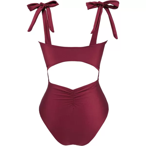 SuperPrity Womens One Piece Swimsuits Button Tie Shoulder Square Neck Cutout Tummy Control Bathing SuitAvailable in PlusShinny Wine Red