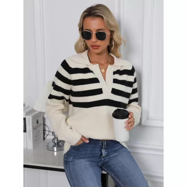 SuperPrity Womens Oversized Sweaters Long Sleeve V Neck Collared Pullover Sweater Striped Casual Fall Winter Knit TopsApricot Stripe