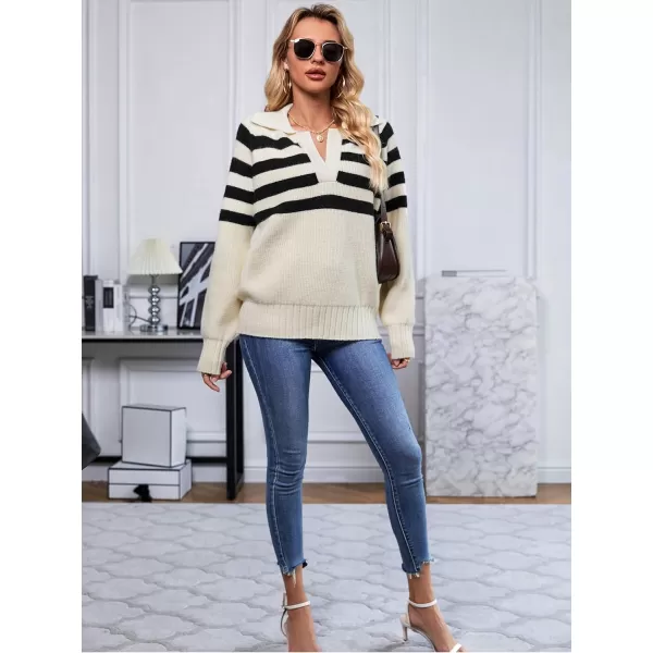 SuperPrity Womens Oversized Sweaters Long Sleeve V Neck Collared Pullover Sweater Striped Casual Fall Winter Knit TopsApricot Stripe