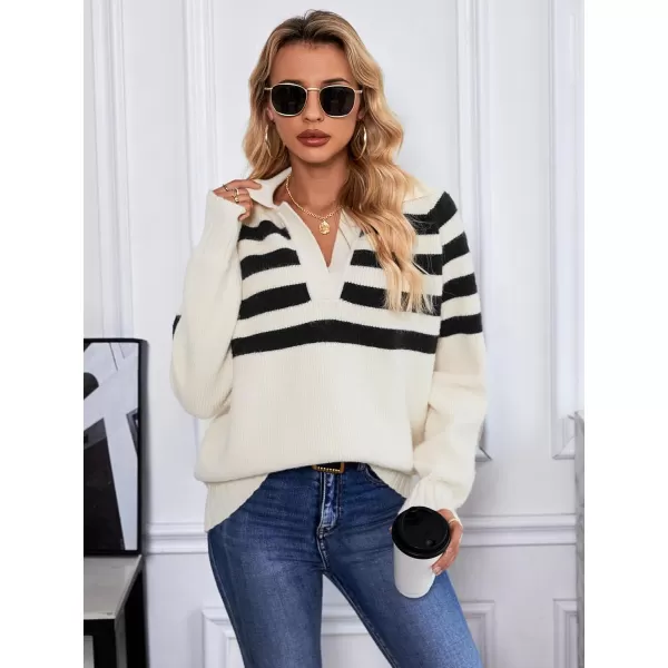 SuperPrity Womens Oversized Sweaters Long Sleeve V Neck Collared Pullover Sweater Striped Casual Fall Winter Knit TopsApricot Stripe