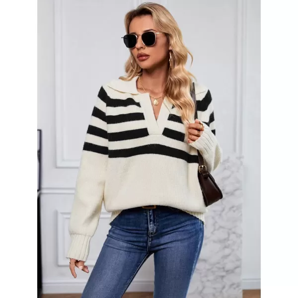 SuperPrity Womens Oversized Sweaters Long Sleeve V Neck Collared Pullover Sweater Striped Casual Fall Winter Knit TopsApricot Stripe