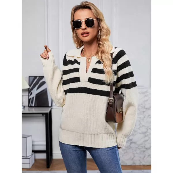 SuperPrity Womens Oversized Sweaters Long Sleeve V Neck Collared Pullover Sweater Striped Casual Fall Winter Knit TopsApricot Stripe