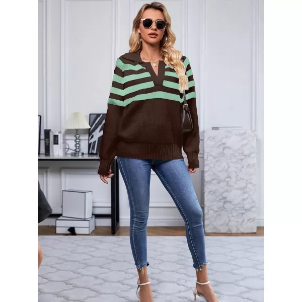 SuperPrity Womens Oversized Sweaters Long Sleeve V Neck Collared Pullover Sweater Striped Casual Fall Winter Knit TopsBrown Stripe