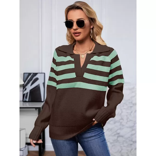 SuperPrity Womens Oversized Sweaters Long Sleeve V Neck Collared Pullover Sweater Striped Casual Fall Winter Knit TopsBrown Stripe