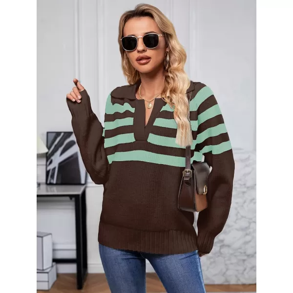 SuperPrity Womens Oversized Sweaters Long Sleeve V Neck Collared Pullover Sweater Striped Casual Fall Winter Knit TopsBrown Stripe