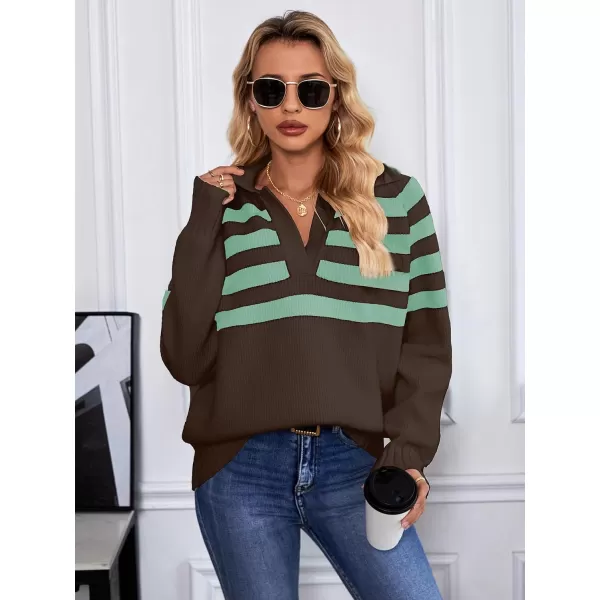 SuperPrity Womens Oversized Sweaters Long Sleeve V Neck Collared Pullover Sweater Striped Casual Fall Winter Knit TopsBrown Stripe