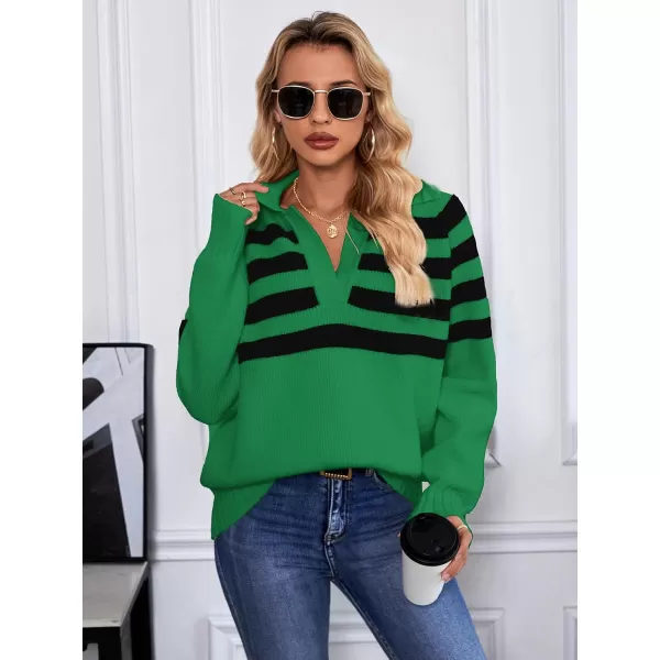 SuperPrity Womens Oversized Sweaters Long Sleeve V Neck Collared Pullover Sweater Striped Casual Fall Winter Knit TopsGreen Stripe