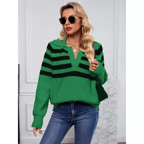 SuperPrity Womens Oversized Sweaters Long Sleeve V Neck Collared Pullover Sweater Striped Casual Fall Winter Knit TopsGreen Stripe