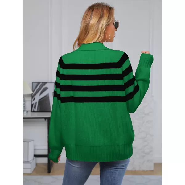 SuperPrity Womens Oversized Sweaters Long Sleeve V Neck Collared Pullover Sweater Striped Casual Fall Winter Knit TopsGreen Stripe