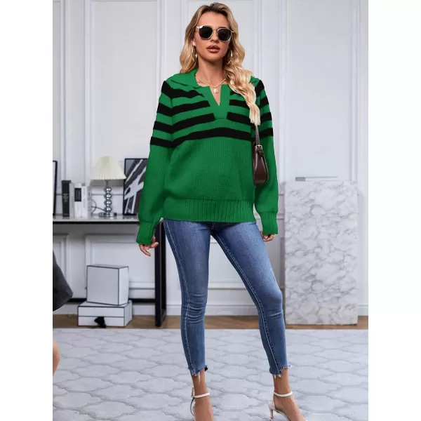 SuperPrity Womens Oversized Sweaters Long Sleeve V Neck Collared Pullover Sweater Striped Casual Fall Winter Knit TopsGreen Stripe