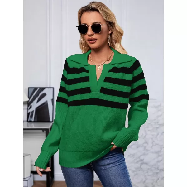 SuperPrity Womens Oversized Sweaters Long Sleeve V Neck Collared Pullover Sweater Striped Casual Fall Winter Knit TopsGreen Stripe