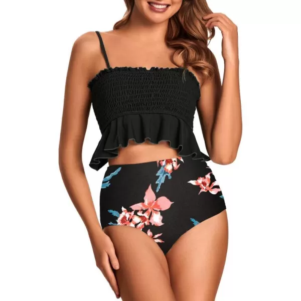 SouqFone Two Piece High Waisted Bikinis Swimsuits Tummy Coverage Bathing Suits001black