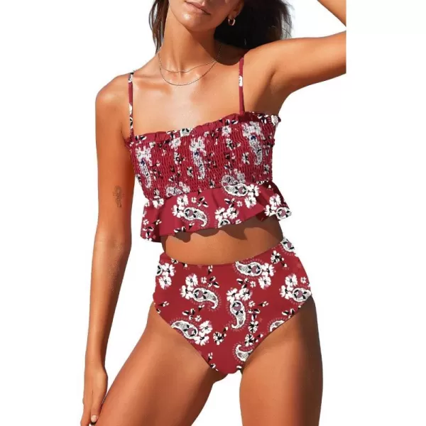 SouqFone Two Piece High Waisted Bikinis Swimsuits Tummy Coverage Bathing Suits001red Floral