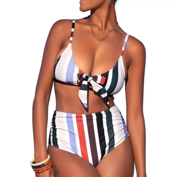 SouqFone Two Piece High Waisted Bikinis Swimsuits Tummy Coverage Bathing Suits01multi Stripe01