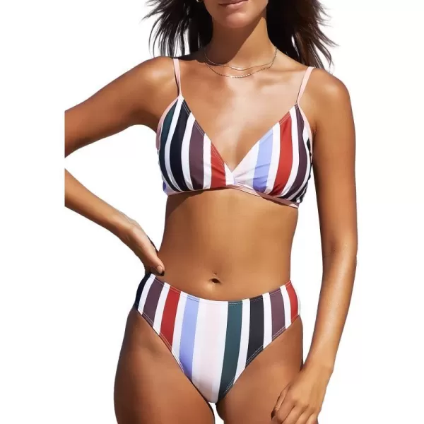 SouqFone Two Piece High Waisted Bikinis Swimsuits Tummy Coverage Bathing Suits05multicolor Stripe03