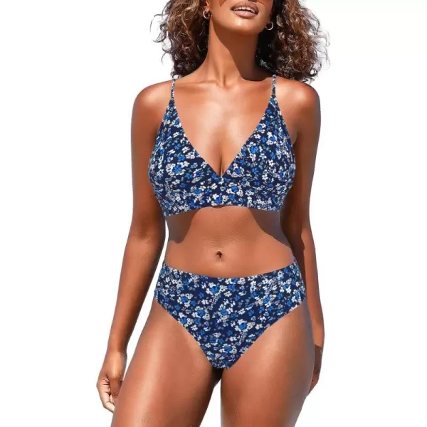 SouqFone Women 2 Piece Swimsuits Low Rise or Mid Waisted Bikini Set001blue Floral