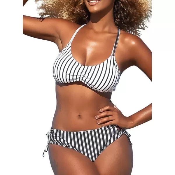 SouqFone Women 2 Piece Swimsuits Low Rise or Mid Waisted Bikini Set15black White Striped