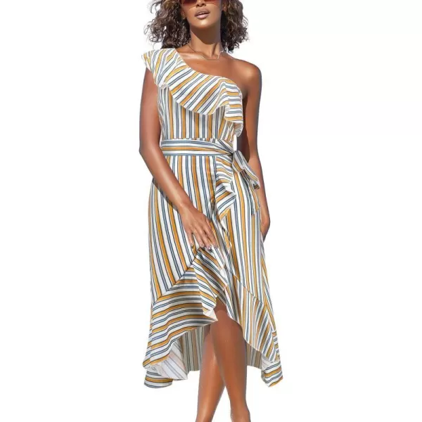 SouqFone Womens Summer Casual Long Dresses V Neck Beach Party Dress12yellow Striped