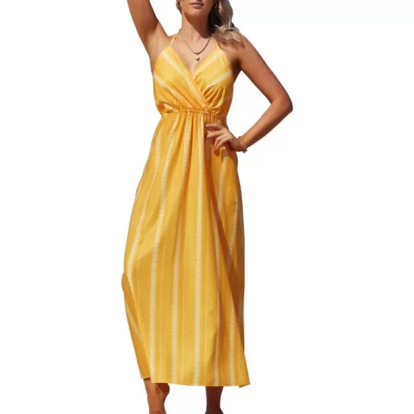 SouqFone Womens Summer Casual Long Dresses V Neck Beach Party Dress19yellow Stripe