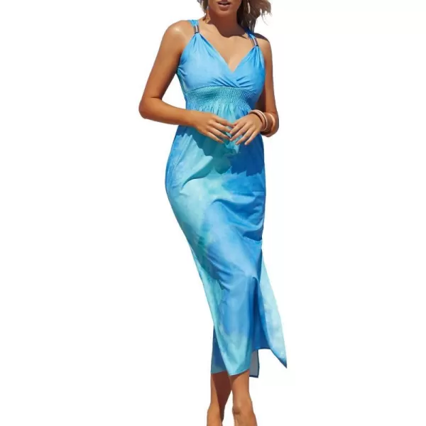 SouqFone Womens Summer Casual Long Dresses V Neck Beach Party Dress22blue