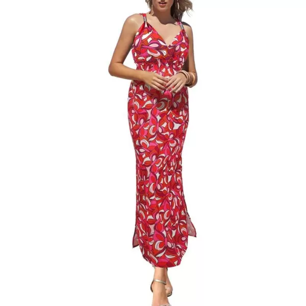 SouqFone Womens Summer Casual Long Dresses V Neck Beach Party Dress32red Floral