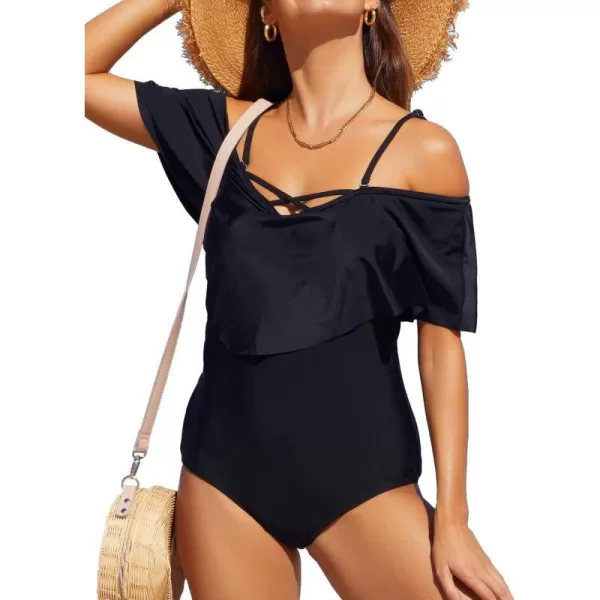 SuperPrity One Piece Bathing Suits for Women Tummy Control Monokini SwimsuitsBlack