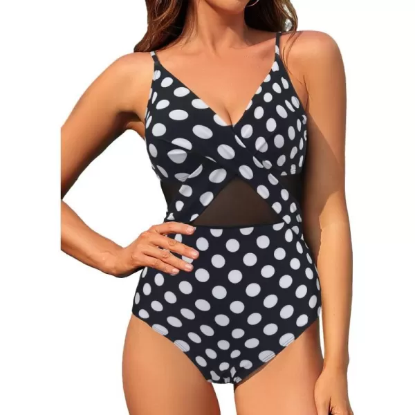 SuperPrity One Piece Swimsuits V Neck Mesh Tummy Control Bathing Suits for Women Criss Cross MonokiniAvailable in Plus SizePolka Dot