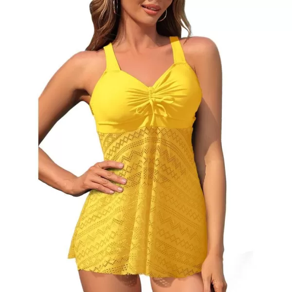 SuperPrity Tankini Bathing Suit for Women 2 Piece Lace Crochet Tummy Control Swimsuit with ShortsAvailable in Plus Size05yellow