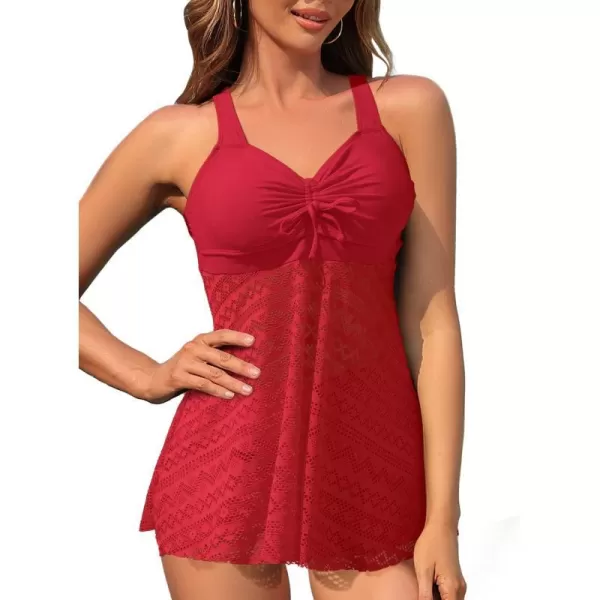 SuperPrity Tankini Bathing Suit for Women 2 Piece Lace Crochet Tummy Control Swimsuit with ShortsAvailable in Plus Size06red