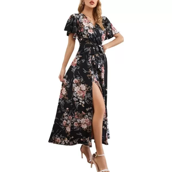 SuperPrity Women Short SleeveLong Sleeve Floral Wrap Maxi Dresses V Neck High Waist Flowy ALine Long Cocktail Party Dress0001pink Floral