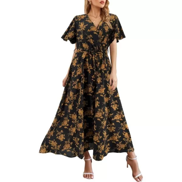 SuperPrity Women Short SleeveLong Sleeve Floral Wrap Maxi Dresses V Neck High Waist Flowy ALine Long Cocktail Party Dress0002yellow Floral