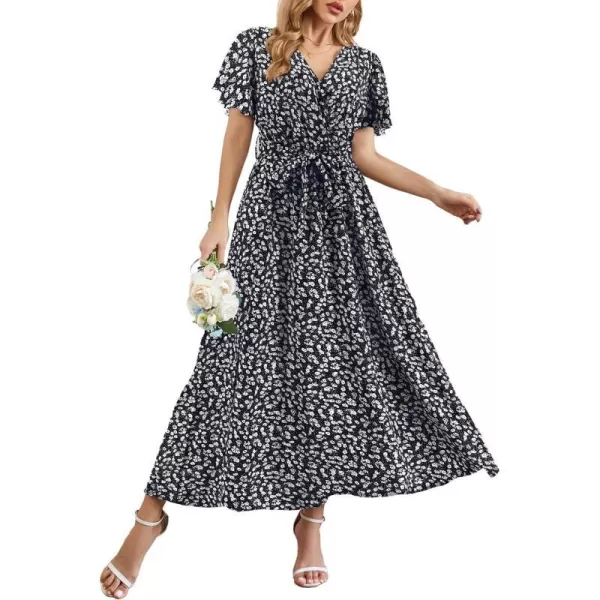 SuperPrity Women Short SleeveLong Sleeve Floral Wrap Maxi Dresses V Neck High Waist Flowy ALine Long Cocktail Party Dress0004black White Floral