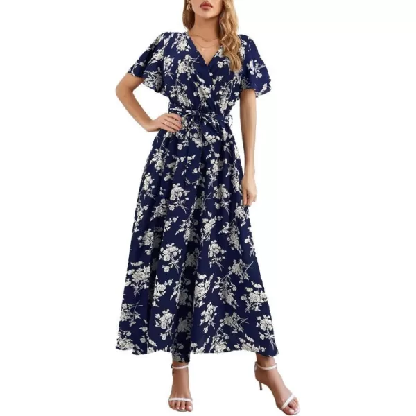 SuperPrity Women Short SleeveLong Sleeve Floral Wrap Maxi Dresses V Neck High Waist Flowy ALine Long Cocktail Party Dress0005blue White Floral