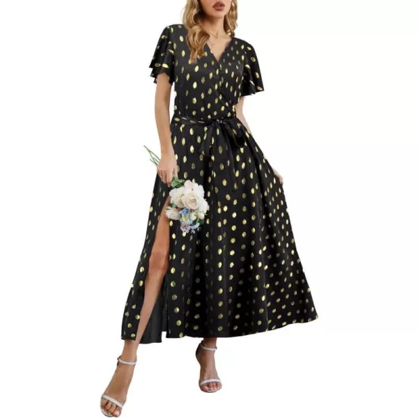 SuperPrity Women Short SleeveLong Sleeve Floral Wrap Maxi Dresses V Neck High Waist Flowy ALine Long Cocktail Party Dress0006black Gold Dot