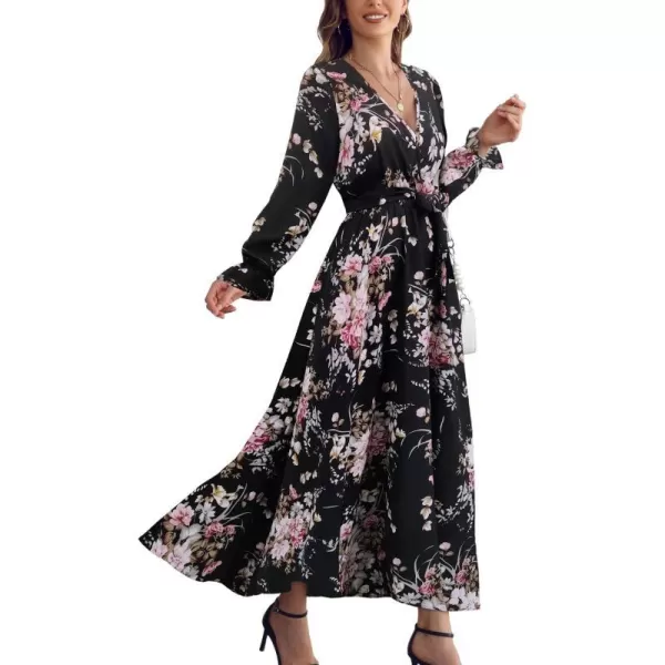 SuperPrity Women Short SleeveLong Sleeve Floral Wrap Maxi Dresses V Neck High Waist Flowy ALine Long Cocktail Party Dress002black Pink Floral