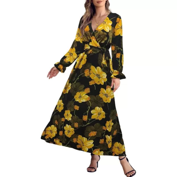 SuperPrity Women Short SleeveLong Sleeve Floral Wrap Maxi Dresses V Neck High Waist Flowy ALine Long Cocktail Party DressGold Floral