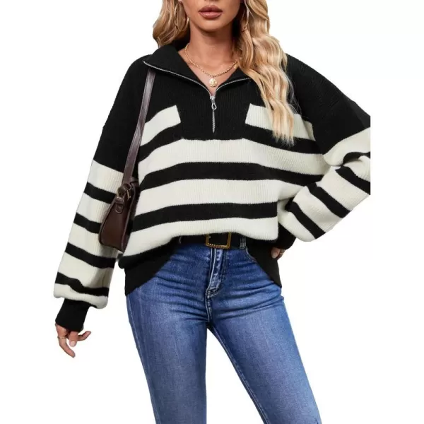 SuperPrity Women Striped Pullover Sweater Quarter Zip Long Sleeve Sweater Tops V Neck Collar Oversized Knit SweatersBlack Stripe