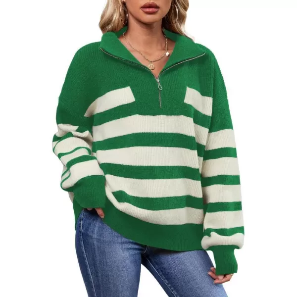 SuperPrity Women Striped Pullover Sweater Quarter Zip Long Sleeve Sweater Tops V Neck Collar Oversized Knit SweatersGreen Stripe