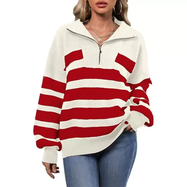 SuperPrity Women Striped Pullover Sweater Quarter Zip Long Sleeve Sweater Tops V Neck Collar Oversized Knit SweatersRed Stripe