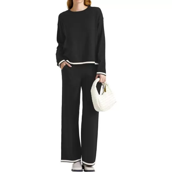 SuperPrity Women Sweater Set 2 or 3 Piece Outfits ShortLong Sleeve Knit Pullover Tops High Waist Wide Leg Pants Lounge SetsTwo Piece Long Sleeve2pcblack