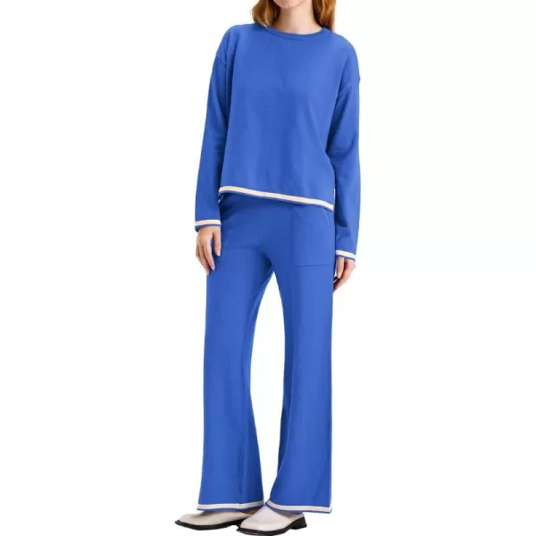 SuperPrity Women Sweater Set 2 or 3 Piece Outfits ShortLong Sleeve Knit Pullover Tops High Waist Wide Leg Pants Lounge SetsTwo Piece Long Sleeve2pcsapphire Blue