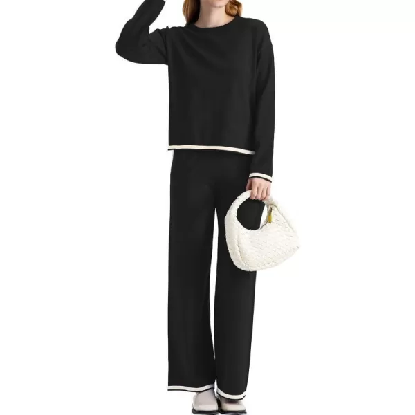 SuperPrity Women Sweater Set 2 or 3 Piece Outfits ShortLong Sleeve Knit Pullover Tops High Waist Wide Leg Pants Lounge SetsTwo Piece Long Sleeve5no Pocketblack