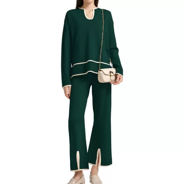 SuperPrity Women Sweater Sets 2 Piece Outfits Notch Neck Long Sleeve Knit Pullover Tops Wide Leg Lounge SetDark Green