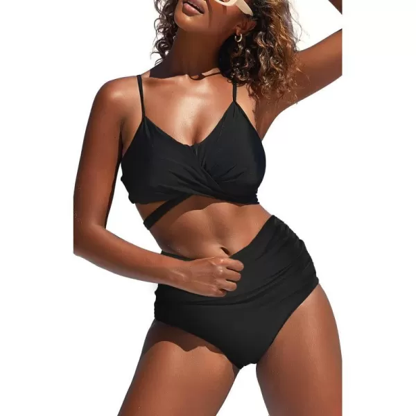 SuperPrity Womens High Waisted Bikini Sets Criss Cross Ruched Two Pieces Push Up SwimsuitsBlack